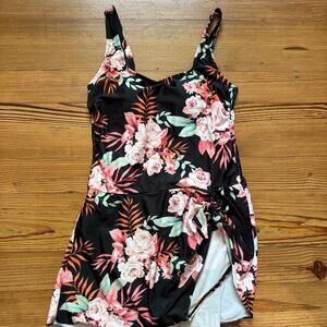 NWT Shein black pink floral one piece skirt adjustable swimsuit‎ SIZE M